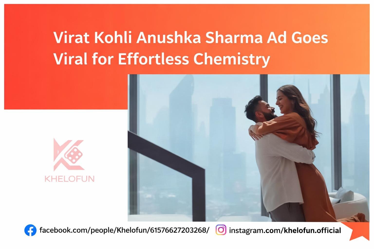 A candid moment of a celebrity couple sharing a warm embrace in a modern high-rise setting, highlighting natural chemistry in a viral advertisement.