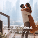 A candid moment of a celebrity couple sharing a warm embrace in a modern high-rise setting, highlighting natural chemistry in a viral advertisement.