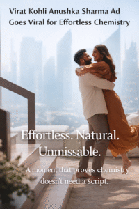 A candid moment of a celebrity couple sharing a warm embrace in a modern high-rise setting, highlighting natural chemistry in a viral advertisement.