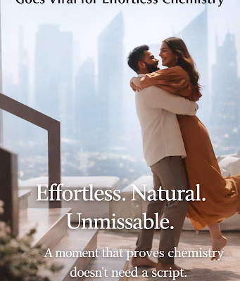 A candid moment of a celebrity couple sharing a warm embrace in a modern high-rise setting, highlighting natural chemistry in a viral advertisement.