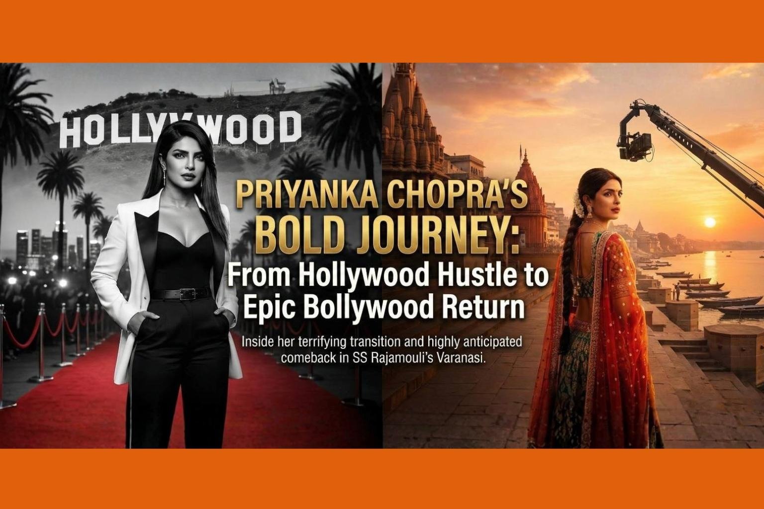 A split-screen website banner illustrating Priyanka Chopra's global career journey. On the left, she stands on a Hollywood red carpet in a black and white suit. On the right, she wears traditional Indian attire overlooking the Varanasi ghats at sunset with a film camera crane visible.