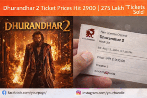 Poster or promotional still from *Dhurandhar 2 highlighting its massive ticket sales of 275 lakh and ticket prices reaching 2900.