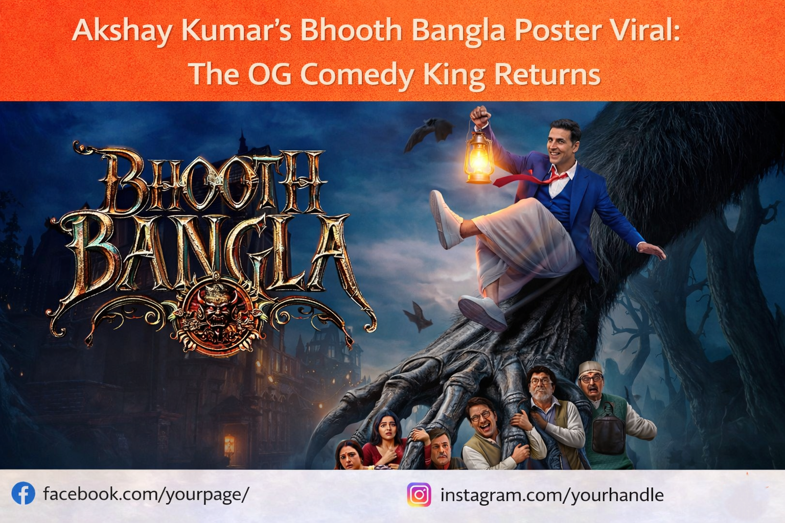 Poster of Bhooth Bangla featuring Akshay Kumar in a spooky haunted-house themed setting, marking Priyadarshan’s ghostly comedy return.
