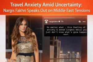 Nargis Fakhri looking concerned while addressing fans in a public note about safety and anxiety.