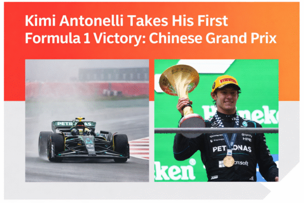 Kimi Antonelli celebrating his first Formula 1 race victory after winning the Chinese Grand Prix.