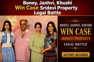 Boney Kapoor with daughters Janhvi Kapoor and Khushi Kapoor after winning the legal battle related to Sridevi property case.