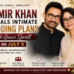 Aamir Khan and Gauri Spratt featured in a wedding-themed cover banner announcing their intimate July 5 marriage plans with a simple family-focused celebration.
