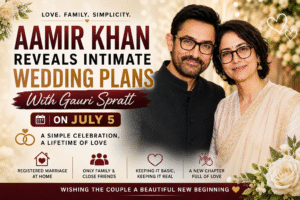 Aamir Khan and Gauri Spratt featured in a wedding-themed cover banner announcing their intimate July 5 marriage plans with a simple family-focused celebration.