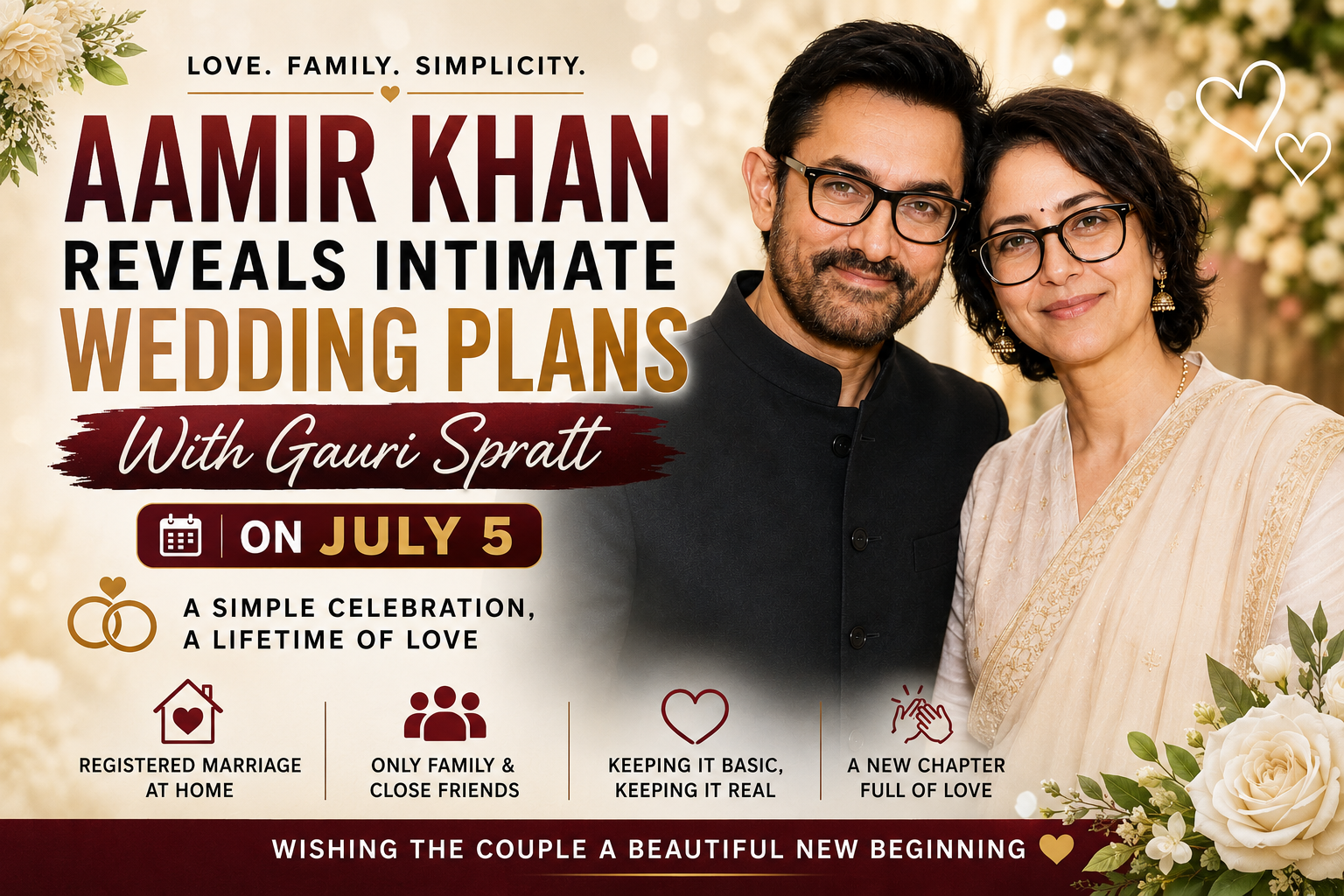 Aamir Khan and Gauri Spratt featured in a wedding-themed cover banner announcing their intimate July 5 marriage plans with a simple family-focused celebration.