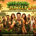 Welcome to the Jungle Live movie poster featuring Akshay Kumar, Suniel Shetty, and ensemble cast with a cheering audience in a jungle setting.