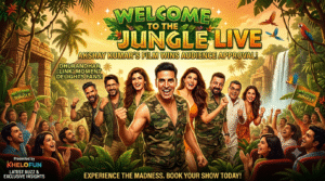 Welcome to the Jungle Live movie poster featuring Akshay Kumar, Suniel Shetty, and ensemble cast with a cheering audience in a jungle setting.