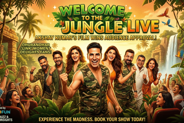 Welcome to the Jungle Live movie poster featuring Akshay Kumar, Suniel Shetty, and ensemble cast with a cheering audience in a jungle setting.