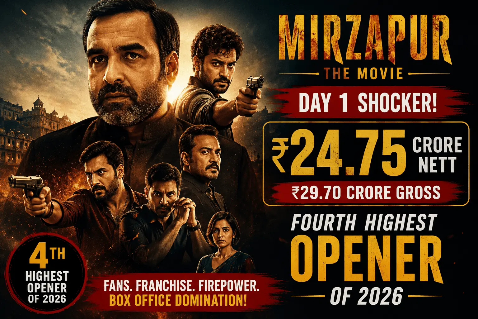 Mirzapur: The Movie Day 1 box office collection of ₹24.75 crore, fourth highest opener of 2026